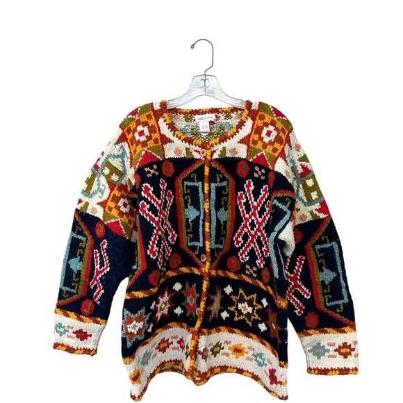 MFA Boston Chunky 100% Wool Vintage Blanket Cardigan Sweater - Size XL - Picture 4 of 11